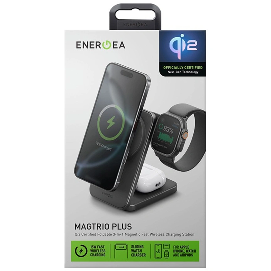 Беспроводное зарядное устройство EnergEA MagTrio Plus 3-in-1 Qi2 MagSafe Space Grey фото 5